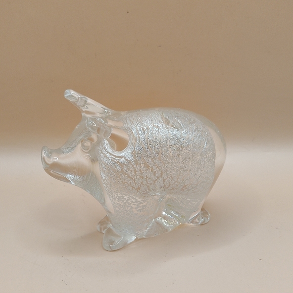 Vintage Murano Art Glass Paperweight Pig With White/Silver Aventurine
